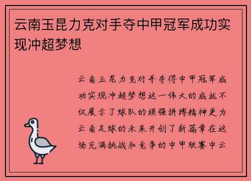 云南玉昆力克对手夺中甲冠军成功实现冲超梦想