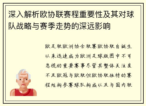 深入解析欧协联赛程重要性及其对球队战略与赛季走势的深远影响