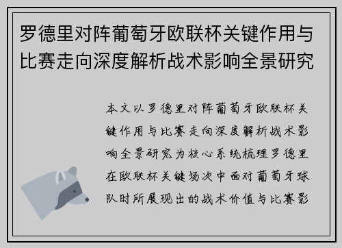 罗德里对阵葡萄牙欧联杯关键作用与比赛走向深度解析战术影响全景研究